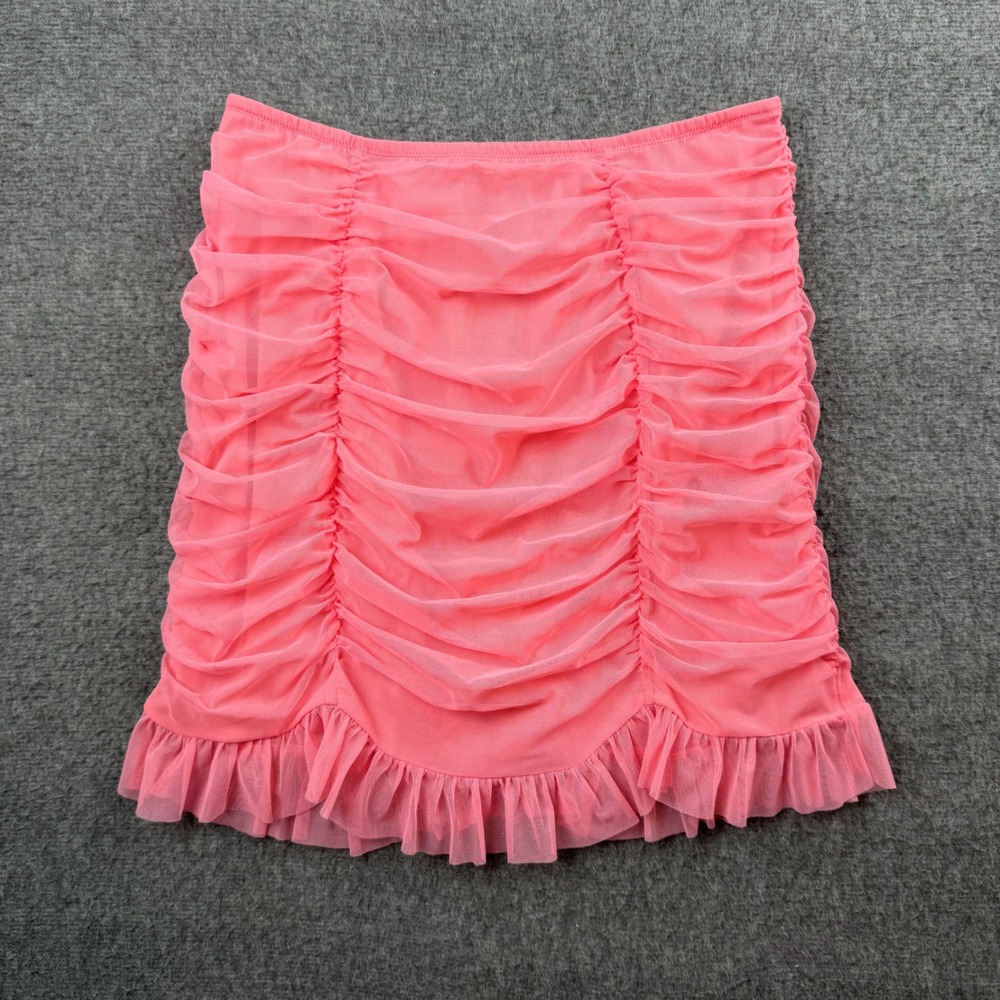Victoria's Secret Ruched Mini Skirt Women's Medium Pink Mesh Ruffle Hem